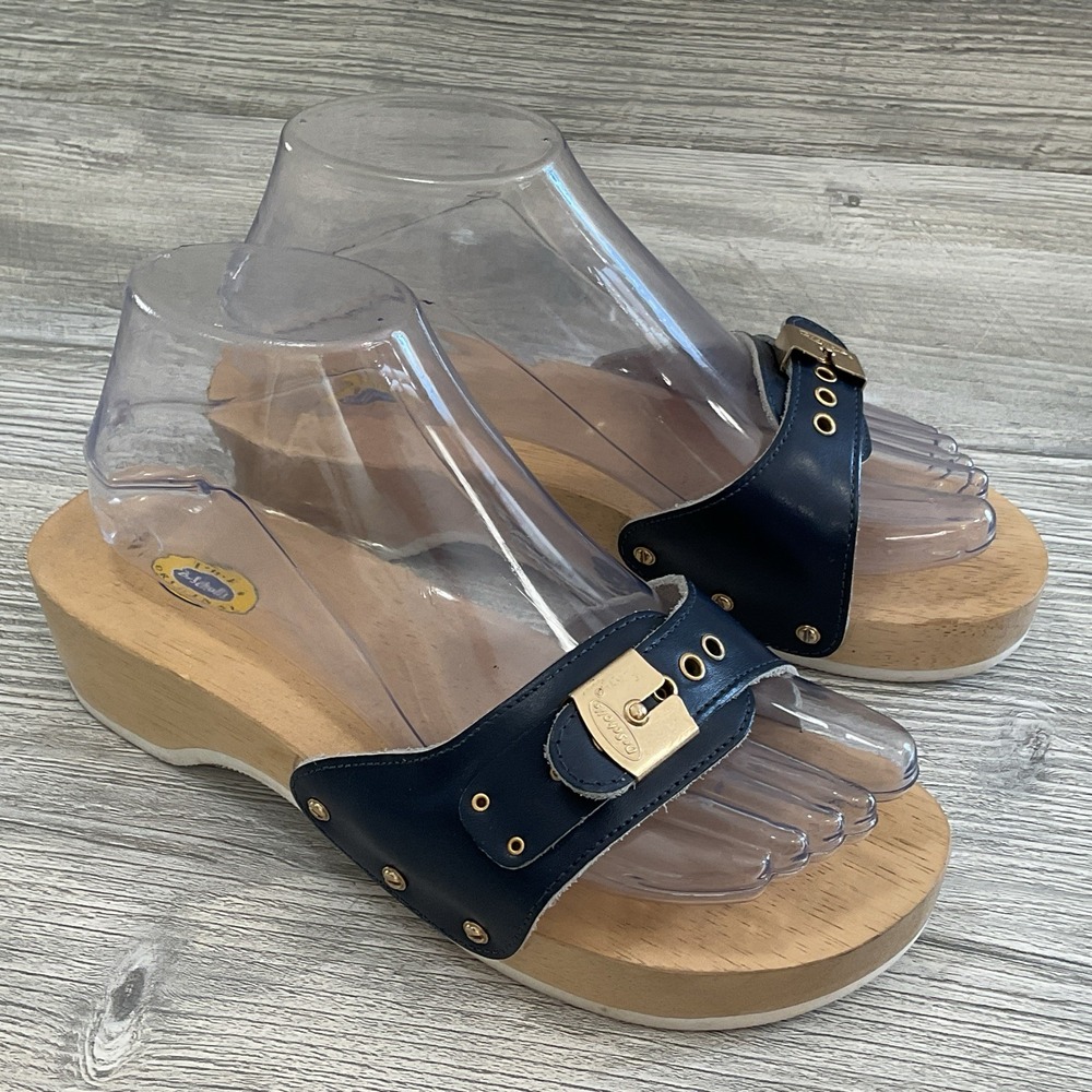 Dr Scholl's Wooden Sole Exercise Sandals Clogs Leather Navy Blue Brazil Size 7 M